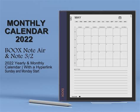 Boox Note Air Templates Monthly Calendar 2022 Yearly And Etsy