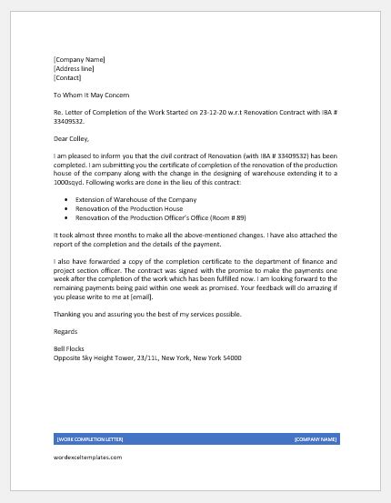 Work Completion Letter For Engineer Word And Excel Templates