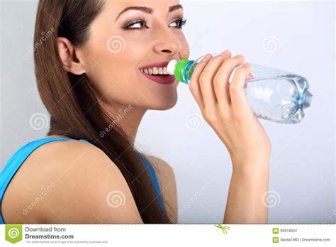 Beautiful Happy Toothy Smiling Makeup Woman Drinking Water From Stock
