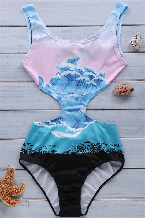 Wave Print Jewel Neck One Piece Swimwear Colormix One Piece Swimwear