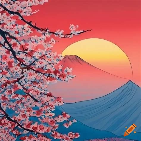 Japanese Print Of Cherry Blossom Tree On A Cliff At Sunset On Craiyon
