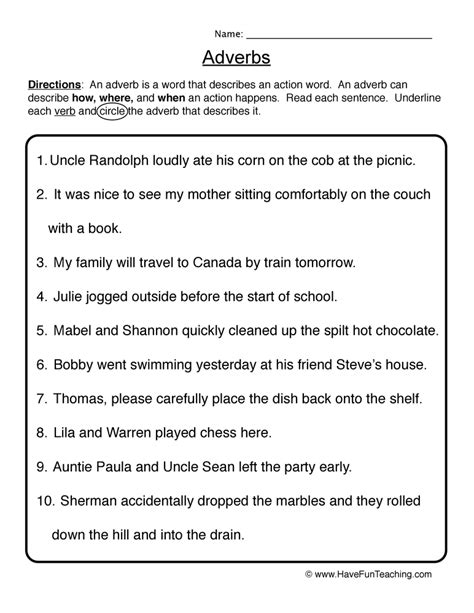 Fourth Grade Adverb Worksheet Printable