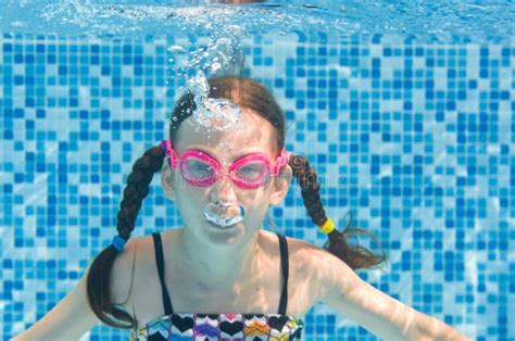 Girl In Goggles Learning Holding Breath Underwater Stock Image Image