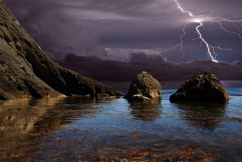 Lightning Over The Sea Distant Storm On The Black Sea Coast Eastern