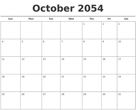 October 2054 Free Calendar Template