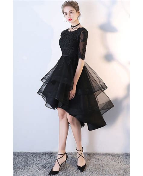 Chic Black Tulle High Low Homecoming Prom Dress With Lace Mxl86007