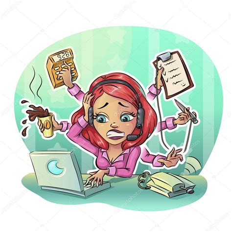 Business Cartoon Woman Hard Working In Office Many Tasks Concept