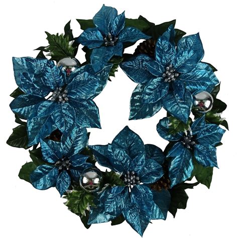 Holiday Time Christmas Decor 18 Blue Poinsettia Wreath