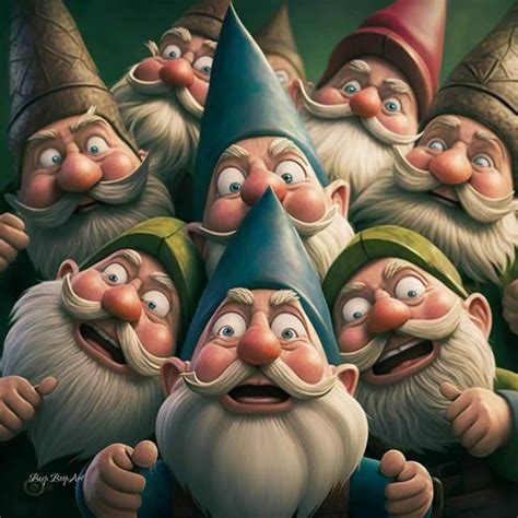 A Group Of Cartoon Gnomes Standing Next To Each Other
