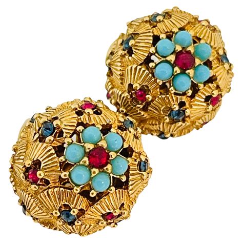 vintage ciner gold faux sapphire ruby turquoise designer clip on earrings at 1stdibs
