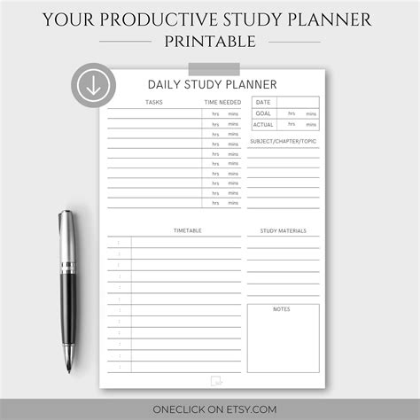 Daily Study Planner Printable Pdf Instant Download A4 Etsy