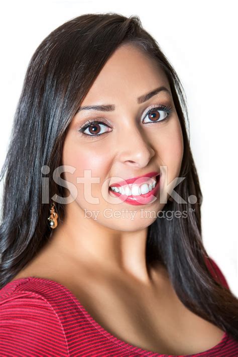 Portrait Of A Beautiful Hispanic Woman With Long Black Hair Stock