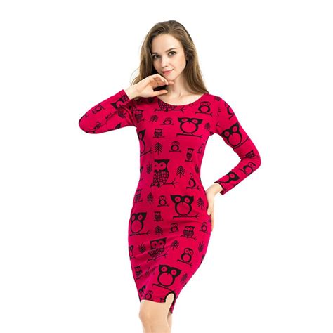 2016 New Owl Pattern Womens Summer Dress Sexy Bodycon Party Dresses O Neck Long Sleeve Vintage