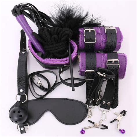 10 pcs set sexy lingerie pu leather plush bdsm bondage set sex handcuffs footcuff whip rope