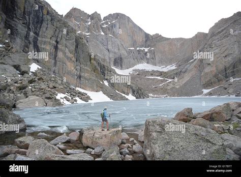 Hiker Exploring Chasm Lake Rocky Mountains National Park Colorado