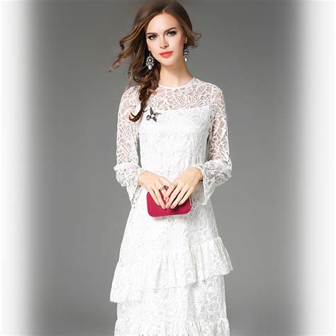 2018 Elegant Spring Summer Lace White Full Sleeves Dress Streetwear