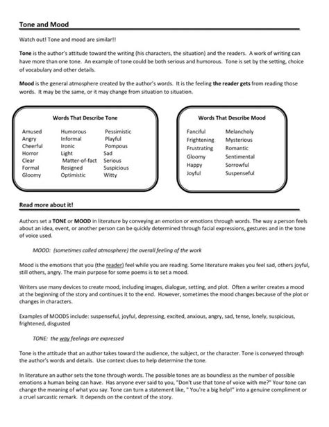 Tone And Mood Worksheets 6th Grade Pdf Kidsworksheetfun