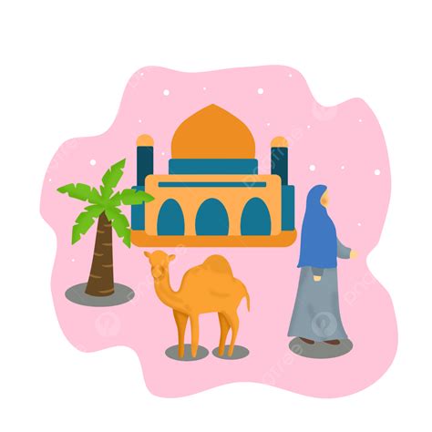 Illustration Muslimah Walking In The Mosque During Celebration Of