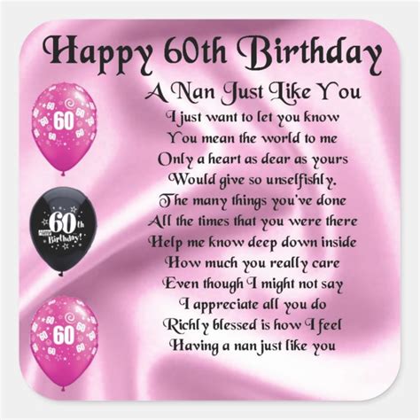 Nan Poem 60th Birthday Square Sticker