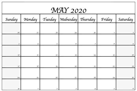 Free Blank May Calendar 2020 Printable Template Pdf Word Excel