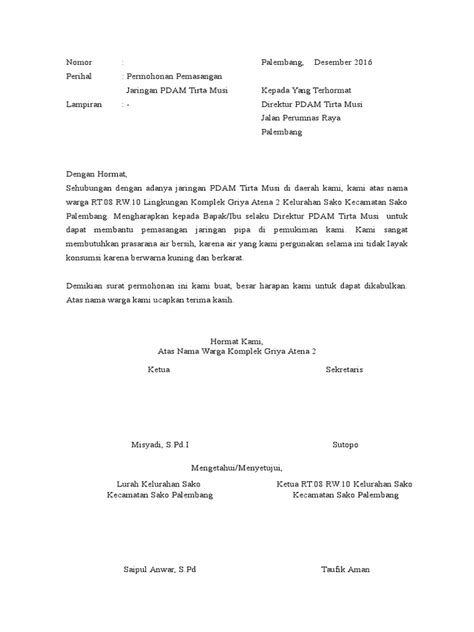 Contoh surat permohonan dana #2. Contoh Surat Permohonan Pemasangan Meter Air