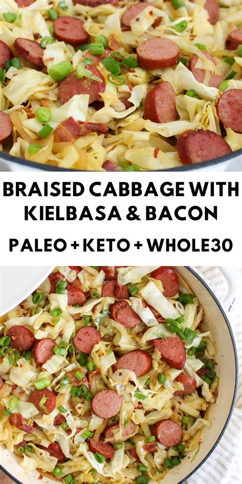 Pour in the chicken stock, then add the cabbage and cauliflower. Braised Cabbage with Kielbasa and Bacon | Recipe | Paleo keto recipes, Braised cabbage, Whole 30 ...