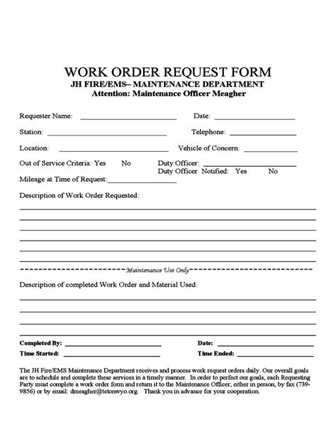 Work Order Request Form Free Download