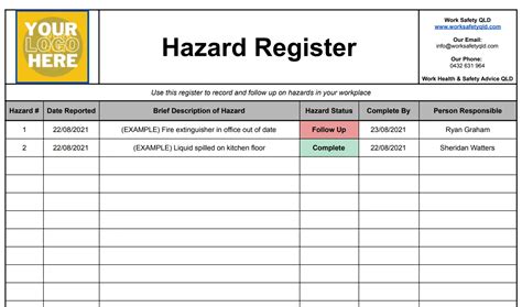 Free Hazard Register Template Work Safety Qld