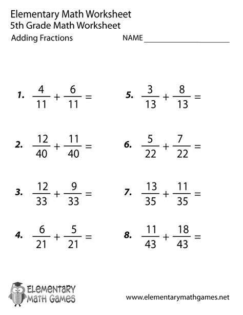 Math Worksheet Fractions 5th Grade