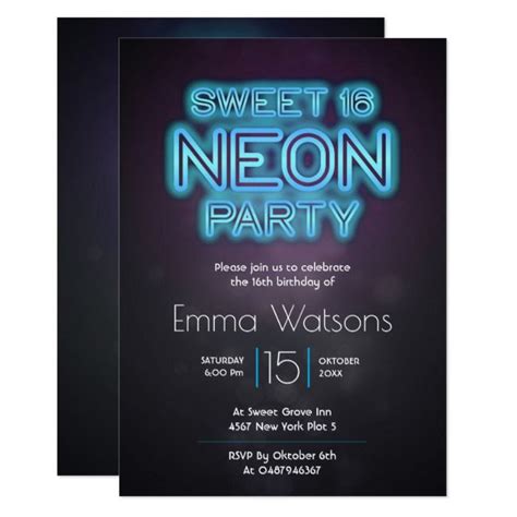 Sweet Sixteen Neon Party Blue Invitation Neon Party