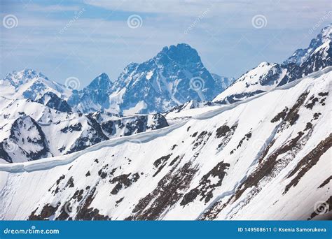 Snow Capped Peaks Caucasus Mountains View From The Muhu Pass Stock