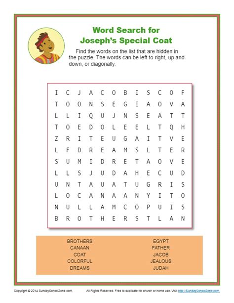 Josephs Special Coat Word Search Bible Activity Pages For Kids