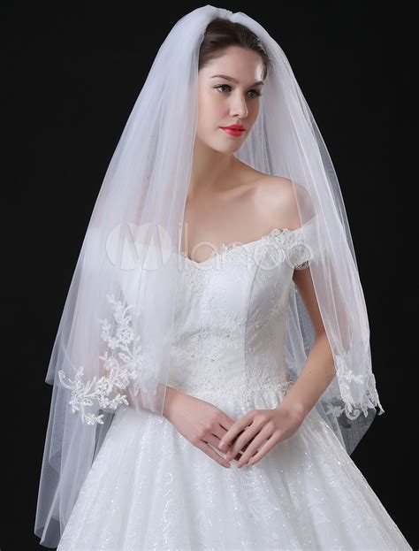 Tulle Wedding Veil Ivory Lace Applique Edge Two Tier Bridal Veil - Milanoo.com