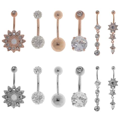 Imixlot 6pcsset 16g Stainless Steel Sexy Zircon Crystal Flower Dangle Belly Button Rings