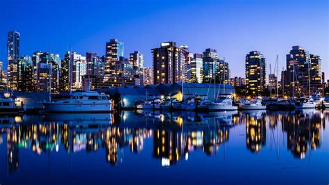Vancouver Canadá Noite Da Cidade Luzes Prédios Mar Iate Reflexão