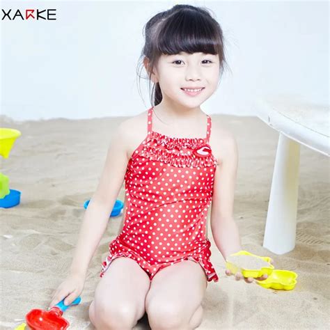 Xarke Girls Swimsuit Kids One Piece Dot Striped Ruffle Swimwear For