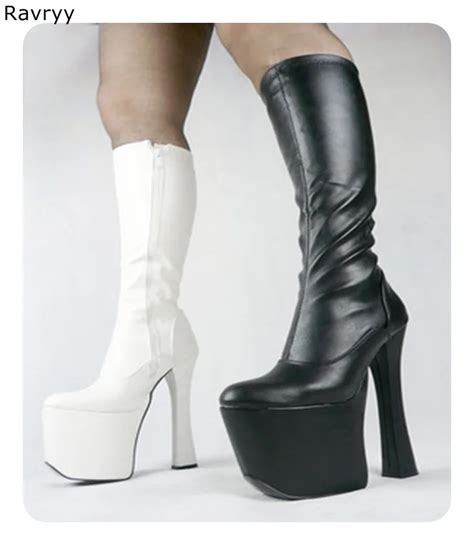 Hot Fashion Woman Long Boots 20cm Platform Heel Glossy Black White Dress Boot Model Acting Fun
