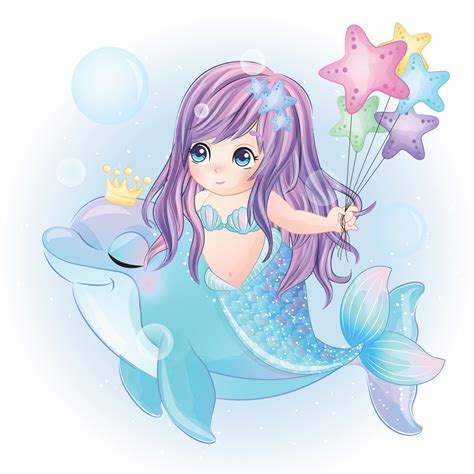 Cute Mermaid With Watercolor Illustration 2075143 Vector Art At Vecteezy