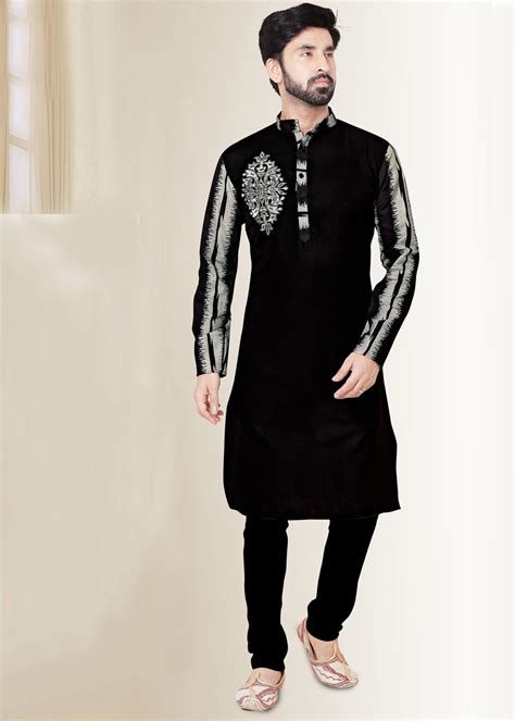 Black Embroidered Cotton Pathani Suit Sale 183mw13