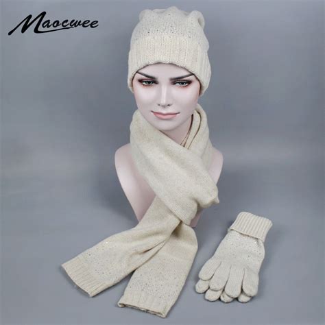Winter Knitted Scarf Hat And Glove Sets For Women Inlaid Diamonds Wool Warm Scarves Skullies