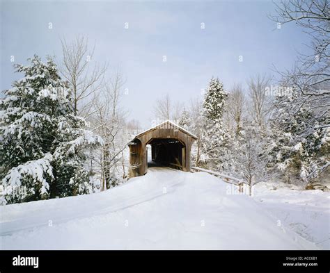 Covered Bridge At Johnson Vermont Usa In Winter Stock Photo Alamy