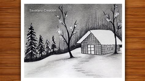 How To Draw Winter Snowfall Scenery With Pencil Easy Pencil Sketch