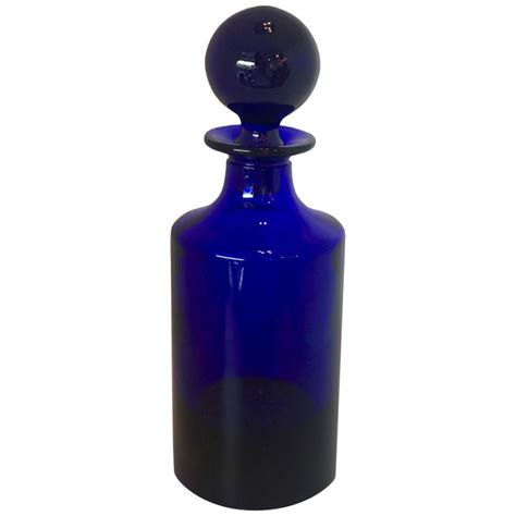 Cylindrical Cobalt Blue Cast Glass Decanter With Large Ball Stopper At 1stdibs
