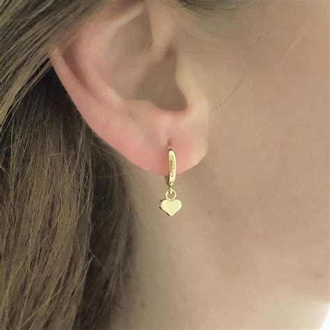 K Real Solid Gold Heart Dangle Drop Hoop Earrings For Women