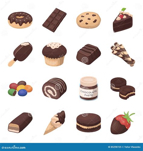 Chocolate Desserts Set Icons In Cartoon Style Big Collection Of