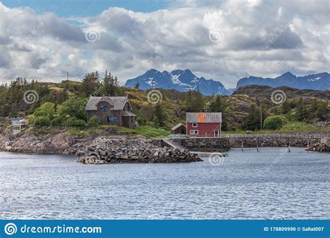 Typical Norwegian House On The Fjord Lofoten Islands In Norway Stock