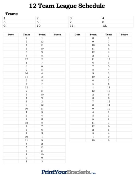 Printable 12 Team League Schedule