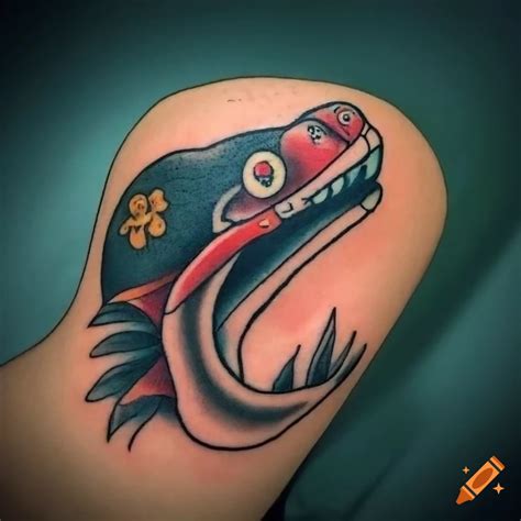 American Traditional Tattoo Of A Moray Eel Surrounded By Kelp On Craiyon