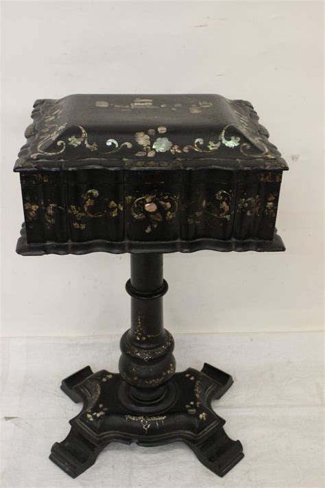 Victorian Lacquer Sewing Stand With Mother Of Pearl Inlaid 315hx18