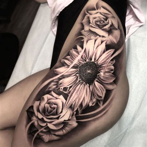 Sunflower And Roses Hip Tattoo Tattoo Sunflower Roses
